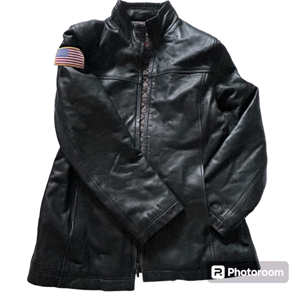 Bernardo Collection black leather bomber jacket medium zip Halloween coat - Picture 1 of 10